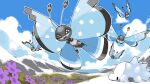  black_eyes blacknirrow blue_sky bug butterfly closed_mouth cloud commentary flower flying highres insect_wings mountain no_humans open_mouth pokemon pokemon_(creature) pokemon_focus sky smile snom vivillon vivillon_(tundra) wings 