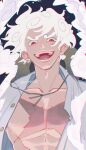  1boy collarbone commentary cross_scar devil_fruit_power gear_fifth highres looking_at_viewer male_focus monkey_d._luffy one_piece open_clothes open_mouth open_shirt paruma_umu pectorals red_eyes scar scar_on_cheek scar_on_chest scar_on_face short_hair solo straight-on transformation twitter_username untranslatable_commentary upper_body white_hair 