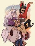 1boy 2girls ^_^ adjusting_eyewear ahoge animal_ears arms_up bandaid bandaid_on_cheek bandaid_on_face bare_shoulders beard_stubble bell-bottoms belt biwa_hayahide_(casual)_(umamusume) biwa_hayahide_(umamusume) black_belt black_hair blue_eyes blue_pants bnw_(umamusume) bodystocking brown_jacket brown_shoes cartoonized closed_eyes closed_mouth collarbone commentary covered_navel cropped_jacket crown dark-skinned_female dark_skin denim ear_ornament ear_through_crown english_commentary facial_hair genderswap genderswap_(ftm) gold_crown green_shorts gym_shorts hair_between_eyes hair_ornament hairclip hand_on_another's_head happy height_difference high-waist_pants highres hood hood_down hooded_jacket horse_boy horse_ears horse_girl horse_tail jacket jeans lifting_person light_smile long_hair_between_eyes long_sleeves loose_hair_strand mini_crown multiple_girls mustache_stubble narita_taishin_(casual)_(umamusume) narita_taishin_(umamusume) off-shoulder_shirt off_shoulder open_clothes open_jacket open_mouth outdoors outside_border pants puffy_long_sleeves puffy_sleeves purple_shirt red-framed_eyewear red_jacket red_shoes shirt shoes short_hair shorts sitting_on_arm skkortysoup smile sneakers socks sportswear straight-on stubble sunset tail toon_(style) torn_clothes torn_jeans torn_pants umamusume wavy_hair white_hair white_hood white_pants white_shirt white_socks winning_ticket_(casual)_(umamusume) winning_ticket_(umamusume) yellow_background 