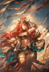  1girl abs animal_ears arknights artist_name bandeau bare_legs belly black_jacket cloud denim denim_shorts detached_sleeves gem hair_between_eyes hair_ornament helen_zzhao high_ponytail highres horse_ears jacket jewelry long_hair looking_at_viewer navel off_shoulder open_mouth partially_shaded_face pearl_(gemstone) ponytail red_eyes red_hair shorts sky solo standing thighlet very_long_hair wind 