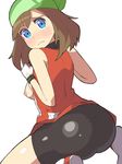  ass bike_shorts blue_eyes blush breasts brown_hair gloves haruka_(pokemon) may momogesomaru momogumo nintendo nipples pokemon sideboob 