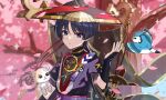  1boy arm_at_side armor bird black_bodysuit black_hair black_hat black_kimono black_mask black_sleeves black_veil blue_bird blue_sky blunt_ends bodysuit cat cherry_blossoms eyeliner falling_petals finch fingernails furisode genshin_impact gold gold_trim grey_pupils hand_up hat highres japanese_armor japanese_clothes jewelry jingasa juban kimono kote kurokote layered_sleeves looking_at_animal makeup male_focus mandarin_collar mask mask_on_hat mitsudomoe_(shape) narasei neck_ring open_clothes open_hand open_kimono open_mouth outdoors petals pink_petals purple_eyes purple_rope purple_sash purple_sleeves red_eyeliner red_hat red_kimono red_sash rope sash scaramouche_(genshin_impact) shimenawa sky solo tassel tomoe_(symbol) tree two-tone_hat veil white_kimono white_mouth white_rope wispy_bangs 