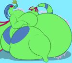  2026 anthro anthro_pred belly big_belly blue_stripes blue_wallpaper breasts cannibalism duo female feral feral_prey flygon generation_3_pokemon green_arms green_belly green_body green_breasts green_legs green_tail green_wings hi_res huge_belly lyla_collie nintendo oral_vore pokemon pokemon_(species) rumbling_stomach side_view stripes tail vore wings 