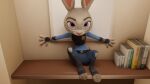 16:9 against_surface against_wall anthro badge belt blue_clothing book clothed clothing cornered deltawing123_(modeler) disney electronics feet female female_anthro fur furniture grey_body grey_fur hi_res incinereight_(artist) inside judy_hopps knee_pads lagomorph leporid looking_at_viewer looking_up mammal paws pink_nose police police_uniform pose purple_eyes rabbit radio shelf sitting solo spread_legs spreading tail trapped uniform wide_eyed widescreen zootopia
