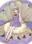  1girl :d back_bow blonde_hair bow bracelet clam collared_dress commentary contrast_collar dress footwear_request frilled_dress frills hair_between_eyes hand_rest hat highres jewelry kashiwada_kiiho long_hair maribel_hearn mob_cap neck_ribbon open_mouth pearl_bracelet purple_dress purple_eyes red_ribbon ribbon sash sidelocks sitting sleeveless sleeveless_dress smile solo touhou white_bow white_hat white_sash 