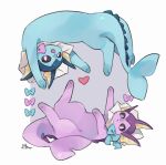  alternate_color bow commentary_request fins frown head_fins heart lying no_humans open_mouth pokemon pokemon_(creature) purple_eyes shiny_and_normal shiny_pokemon torank_cdk vaporeon 