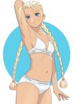  1girl aqua_nails armpits blonde_hair blue_eyes braid brand_name_imitation calvin_klein cammy_white clothes_writing commentary_request dark_skin fingernails highres long_hair low_twin_braids nail_polish navel panties petite scar scar_on_cheek scar_on_face shigenobu solo sports_bra sports_panties standing street_fighter tan twin_braids two-tone_background underwear underwear_only underwear_writing white_panties white_sports_bra 
