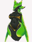4_ears anthro avali avian bedroom_eyes big_breasts bikini bikini_bottom bikini_top biped black_body black_breasts black_feathers black_horn black_sclera blush bra breasts clothed clothed_anthro clothed_female clothing countershading curvy_figure digital_drawing_(artwork) digital_media_(artwork) dragomor feathered_wings feathers female female_anthro front_view gold_bikini green_body green_eyes green_feathers green_wings hair half-closed_eyes hands_behind_back hi_res horn huge_thighs looking_at_viewer markings micro_bikini midriff multi_ear multicolored_body multicolored_feathers narrowed_eyes navel no_irises panties partially_clothed portrait pseudo_hair seductive shaded shurik_(shurik_dragon) simple_background sketch skimpy skimpy_bikini smile solo standing swimwear tail thick_thighs three-quarter_portrait topwear two-piece_swimsuit two_tone_body under_boob underwear voluptuous white_background white_body white_feathers wide_hipped_female wide_hips winged_arms wings yellow_clothing yellow_eyes yellow_underwear