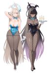  2girls absurdres animal_ears aqua_leotard arm_up arms_behind_head asuna_(blue_archive) asuna_(bunny)_(blue_archive) asymmetrical_bangs black_hair black_leotard blonde_hair blue_archive blue_bow blue_bowtie blue_eyes blue_halo blue_leotard blue_ribbon bow bowtie breasts cleavage commentary_request covered_navel dark-skinned_female dark_skin davo221020 detached_collar fake_animal_ears fishnet_pantyhose fishnets full_body gloves hair_over_one_eye hair_ribbon halo high_heels highleg highleg_leotard highres holding karin_(blue_archive) karin_(bunny)_(blue_archive) large_breasts leotard long_hair looking_at_viewer mole mole_on_breast multiple_girls narrow_waist official_alternate_costume pantyhose playboy_bunny ponytail purple_halo rabbit_ears ribbon simple_background smile standing strapless strapless_leotard thighband_pantyhose traditional_bowtie tray undersized_breast_cup white_background white_gloves yellow_eyes 
