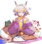  1girl :3 absurdres arknights bare_shoulders blonde_hair blue_hair blue_jacket braid brown_pants chinese_commentary closed_eyes commentary crossed_legs cup dragon_bean_(arknights) dragon_girl dragon_horns dragon_tail dusk_(arknights) earrings full_body gradient_hair green_eyes heart highres holding holding_cup horns jacket jewelry ling_(arknights) long_hair multicolored_hair nian_(arknights) off_shoulder official_alternate_costume pants pointy_ears purple_eyes red_eyes red_pupils sakazuki shawl shu_(arknights) shu_(spring_feast)_(arknights) simple_background spoken_heart squeans tail tank_top tian_luo_bo white_background white_shawl yellow_tank_top 