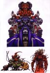 3boys absurdres armor artbook beatmania_iidx bemani cable character_request dark-skinned_male dark_skin fingernails goli_matsumoto grin helmet highres looking_at_viewer male_focus mecha multiple_boys official_art reaching reaching_towards_viewer red_hair robot scan science_fiction simple_background smile third-party_source white_background 