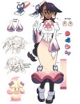  1girl alcremie alcremie_(ribbon_sweet) beret black_hair bow brown_eyes commentary dark-skinned_female dark_skin dress earrings english_commentary eyelashes food full_body gloves gradient_clothes gradient_dress hat heart heart-shaped_hair hestia_(submaslover) highres jewelry juliet_sleeves long_hair long_sleeves original pink_bow pink_dress pokemon pokemon_(creature) puffy_sleeves solo standing submaslover sweets white_dress white_gloves 