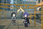  2girls afterimage animal_ears animalization black_cloak black_hair black_necktie black_shorts blue_eyes blue_hair boots cissia_(zenless_zone_zero) cloak closed_mouth commentary fur-trimmed_jacket fur_trim game_screenshot_background garter_straps grey_boots grey_jacket hair_over_one_eye high-waist_shorts jacket jane_doe_(zenless_zone_zero) looking_at_another looking_up motion_lines mouse_ears mouse_girl mouse_tail multiple_girls necktie promeia_(zenless_zone_zero) purple_eyes red_necktie screenshot_background sharp_tail shorts single_garter_strap single_leg_pantyhose smile snake sweatdrop tail thigh_boots two-tone_necktie two-tone_shorts untranslatable_commentary white_shorts xinzoruo yellow_snake zenless_zone_zero 