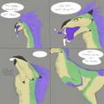 2025 after_vore ambiguous_gender belly bird_wyvern capcom comic duo english_text eyes_closed felid felyne feral feral_pred feral_prey green_body grey_background hair head_first hi_res lynian mammal monster_hunter neck_bulge oral_vore orange_eyes palico purple_body purple_hair seikret simple_background speech_bubble swallowing tail tan_body text therandal vore white_tail