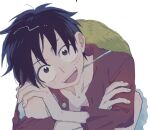  1boy black_hair collarbone commentary_request cross_scar hand_on_own_knee hat hat_on_back head_tilt knees_up kthg_op looking_at_viewer male_focus monkey_d._luffy one_piece open_clothes open_mouth open_shirt red_shirt scar scar_on_cheek scar_on_chest scar_on_face shirt short_hair simple_background solo straw_hat teeth upper_body upper_teeth_only white_background 