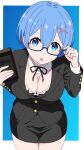  1girl adjusting_eyewear blue_background blush_stickers book border breasts buttons cleavage commentary_request detached_collar fingernails furrowed_brow glasses hair_between_eyes hair_ornament hand_on_eyewear highres holding holding_book jacket large_breasts outside_border paid_reward_available pencil_skirt re:zero_kara_hajimeru_isekai_seikatsu rem_(re:zero) remnia ribbon skirt suit_jacket teeth upper_teeth_only white_border x_hair_ornament 