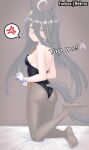  1girl ahoge alternate_costume anger_vein animal_ears ass back backless_leotard bare_shoulders black_hair black_leotard black_pantyhose black_tail blunt_ends blush breasts closed_mouth detached_collar dot_nose ear_tag earrings embarrassed fanbox_username feet feet_up from_behind full_body hair_between_eyes highres horse_ears horse_girl horse_tail jewelry kneeling leotard long_bangs long_hair long_hair_between_eyes looking_at_viewer manhattan_cafe_(umamusume) medium_breasts meme mixed-language_commentary multicolored_hair necktie nekroz7 nontraditional_playboy_bunny pantyhose side-tie_leotard single_earring soles solo spoken_anger_vein straight_hair strapless strapless_leotard streaked_hair tail tap_me_(meme) toes umamusume very_long_hair white_hair white_wrist_cuffs wrist_cuffs yellow_eyes yellow_necktie 