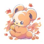  acorn arm_up autumn_leaves blue_eyes ci_spl claws crescent falling_leaves food honey honeypot leaf looking_at_viewer pokemon pokemon_(creature) pokemon_focus simple_background sitting teddiursa white_background 