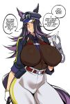  alternate_breast_size_(larger) animal_ears black_hair blue_necktie breasts brown_shirt cero_rains ears_through_headwear fenomeno_(black_flames_of_the_righteous_spirit)_(umamusume) fenomeno_(umamusume) flipped_hair gloves hat highres horse_ears horse_girl horse_tail horseshoe_hat_ornament horseshoe_ornament huge_breasts impossible_clothes impossible_shirt jacket long_hair long_sleeves multicolored_hair necktie peaked_cap purple_eyes purple_hair shirt tail umamusume white_gloves 