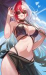  0nineo9 1girl absurdres adjusting_eyewear arm_up bare_shoulders bikini black_bikini black_choker black_nails blue_sky breasts choker cloud commission gradient_hair grey_hair heart highres holding holding_umbrella large_breasts long_hair looking_at_viewer looking_down multicolored_hair navel o-ring o-ring_bikini open_mouth original pelvic_curtain red_eyes red_hair sky solo sunglasses swimsuit teeth umbrella upper_teeth_only white_hair 