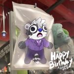 bag bulbasaur clothing doll generation_1_pokemon hi_res male male/male mammal mrdarknesswolf nintendo plastic_bag pokemon pokemon_(species) pokemon_plushie prize prize_counter procyonid raccoon roquemapache solo suit toy trapped
