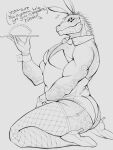 2026 animal_head animal_humanoid arm_hair big_butt bodily_fluids body_hair bow_tie bunny_costume butt butt_hair chest_hair clothing container costume dialogue digital_media_(artwork) dorohedoro english_text fake_ears fake_rabbit_ears fake_rabbit_tail fake_tail fishnet_clothing fishnet_legwear footwear for_a_head gyoza hi_res high_heels holding_tray humanoid jnjonjon kaiman_(dorohedoro) leg_hair legwear lizard_humanoid male monochrome muscular muscular_male nervous nervous_smile reptile reptile_humanoid scales scalie scalie_humanoid shirt_collar shirt_cuffs shoes sitting solo spikes spikes_(anatomy) sweat sweatdrop talking_to_another text waiter