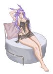  1girl absurdres animal_ears arm_behind_head black_bra black_panties bra breasts cleavage closed_mouth eyeball_hair_ornament feet hair_ornament heart heart_hair_ornament highleg highleg_panties highres indie_virtual_youtuber legs lingerie michi_mochievee michi_mochievee_(bunny) multicolored_hair panties purple_hair purple_nails rabbit_ears s7nsles see-through_clothes sitting solo stitched_face stitches streaked_hair thighs twintails underwear virtual_youtuber white_background white_hair yellow_eyes 
