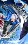  1boy absurdres armor asteroid beowulf_(devil_may_cry) black_pants blood blue_coat blue_eyes blue_vest brown_gloves closed_mouth coat commentary devil_may_cry_(series) devil_may_cry_3 fingerless_gloves floating_clothes foreshortening from_above full_body gameplay_mechanics gloves hair_slicked_back highres holding holding_sheath holding_sword holding_weapon in_orbit jewelry kainonaut katana long_sleeves looking_at_viewer lyrics male_focus mature_male necklace pants planet serious sheath signature solo space star_(sky) summoned_swords sword vergil_(devil_may_cry) vest weapon white_hair yamato_(sword) 