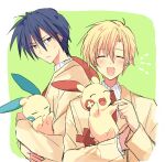  2boys :d ^_^ blazer blonde_hair blue_eyes blue_hair blush character_request clannad closed_eyes collared_shirt commentary_request copyright_notice crossover facing_viewer frown green_background hikarizaka_private_high_school_uniform holding holding_pokemon jacket male_focus multiple_boys necktie o.z._(okome1026okome) okazaki_tomoya open_mouth parted_lips petting pokemon pokemon_(creature) red_necktie school_uniform shirt short_hair simple_background smile sunohara_youhei sweatdrop tsurime upper_body v-shaped_eyebrows white_shirt yellow_jacket 