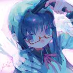  1girl akemi_homura black_hair black_sailor_collar closed_mouth eyelashes glasses gun hand_on_another's_shoulder handgun highres holding holding_gun holding_weapon long_hair long_sleeves mahou_shoujo_madoka_magica mahou_shoujo_madoka_magica_(anime) neck_ribbon purple_eyes red-framed_eyewear red_ribbon ribbon sailor_collar shirt signature solo upper_body weapon white_background white_shirt wing_collar yenkurl 