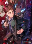  1boy absurdres bag brown_eyes brown_hair card commentary creature creature_on_shoulder duffel_bag falling_petals floating_card green_jacket grim_(twisted_wonderland) hazukisawara highres indoors jacket male_focus on_shoulder petals playing_card red_petals school_uniform short_hair solo twisted_wonderland untranslatable_commentary yuu_(twisted_wonderland) 