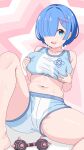  1girl ball_and_chain_(weapon) blue_eyes blue_hair blue_shorts blush blush_stickers breasts commentary_request dumbbell furrowed_brow hair_ornament hair_over_one_eye hand_on_own_chest highres large_breasts looking_at_viewer navel pink_background plump re:zero_kara_hajimeru_isekai_seikatsu rem_(re:zero) remnia short_hair shorts solo spiked_ball_and_chain sports_bra sportswear star_(symbol) star_symbol_background sweat weapon x_hair_ornament 