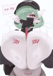 2026 big_breasts blush bodily_fluids breasts clothing female female_humanoid gardevoir generation_3_pokemon green_hair hair hair_over_eye hi_res huge_breasts humanoid leotard looking_at_viewer mask medical_instrument nintendo pokemon pokemon_(species) presenting presenting_breasts red_eyes scientific_instrument solo surgical_mask sweat thekite wearing_hat wearing_mask white_body white_clothing white_leotard wide_hips