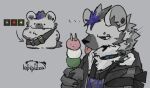  2026 anthro arknights bandolier black_hair blue_hair chibi clothing ear_piercing eyebrow_piercing facial_piercing grey_body hair hi_res holding_object hyena hypergryph jacket lapipizza male mammal multicolored_hair piercing shirt simple_background solo spot_(arknights) spotted_hyena studio_montagne tongue tongue_out topwear two_tone_hair 