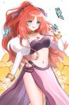  1girl absurdres alternate_costume alternate_hairstyle aqua_eyes bandeau black_bandeau blue_butterfly blush bracelet bug butterfly commentary_request commission detached_sleeves gem genshin_impact hand_up highres jewelry juliet_sleeves long_hair long_sleeves mako_(cvyt5325) navel necklace nilou_(genshin_impact) open_mouth pelvic_curtain pixiv_commission puffy_sleeves red_gem red_hair solo stomach very_long_hair white_sleeves 