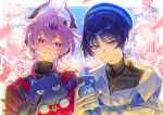  2boys absurdres ahoge animal animal_print animalization backlighting beret bird_print bishounen black_cat black_gloves black_horns black_sweater blue_hat blue_shawl blue_sky blunt_ends branch bright_pupils casual cat cellphone chain chain_necklace cherry_blossoms choppy_bangs closed_mouth contemporary crossed_bangs diamond-shaped_pupils diamond_(shape) dragon_boy dragon_horns durin_(genshin_impact) eyeliner flower genshin_impact gloves gold_necklace gold_pendant hair_between_eyes hat head_tilt highres holding holding_animal holding_cat holding_phone horns jewelry layered_clothes light_blush looking_at_viewer makeup multiple_boys necklace official_alternate_costume open_hand out_of_frame outdoors partially_unbuttoned person_and_animalization phone pink_flower purple_eyes purple_hair purple_horns red_eyeliner red_eyes red_sweater ribbed_sweater scaramouche_(cat)_(genshin_impact) scaramouche_(genshin_impact) shawl shirt shoulder_peek sky smartphone smile split_mouth sweater symbol-shaped_pupils tomanattsu tsurime turtleneck turtleneck_sweater wanderer_(genshin_impact) wanderer_(impression)_(genshin_impact) white_pupils white_shirt 