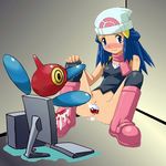 blue_hair boots bottomless clothed clothing computer dawn dawn_(pok&#233;mon) edit female hair half-dressed hat human interspecies knee_highs mammal mermental nintendo penis pok&#233;mon pok&#233;philia pokemon porygon-z pussy scarf shopped size_difference unknown_artist video_games 