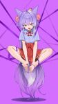  1girl @_@ absurdly_long_hair absurdres ahoge barefoot blue_eyes clrawing collared_shirt commentary_request cone_hair_bun double_bun fang flat_chest fox_tail full_body hair_bun hair_ornament hair_ribbon hair_rings heterochromia highres inari_(tenko_shibuki) korean_commentary long_hair multicolored_hair open_mouth pleated_skirt pom_pom_(clothes) pom_pom_hair_ornament purple_background purple_hair purple_ribbon red_skirt ribbon shirt short_sleeves simple_background skirt stellive streaked_hair tail tenko_shibuki very_long_hair virtual_youtuber white_hair white_ribbon white_shirt yellow_eyes 