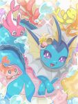  blush bright_pupils closed_eyes commentary_request coral fins fish gem head_fins highres looking_at_viewer lying no_humans open_mouth pearl_(gemstone) pokemon pokemon_(creature) purple_eyes runachikku seashell shell smile sparkle star_(symbol) tatsugiri tatsugiri_(curly) tatsugiri_(droopy) tatsugiri_(stretchy) twitter_username vaporeon water white_pupils 