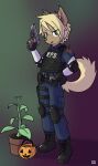 anthro blonde_hair blue_clothing blue_suit bravobunny canid canine canis clothed clothed_male clothing domestic_dog full-length_portrait fully_clothed fully_clothed_male gradient_background green_eyes gun hair handgun hi_res holding_gun holding_handgun holding_object holding_pistol holding_ranged_weapon holding_weapon jack-o'-lantern male mammal pistol plant plant_pot police police_uniform portrait potted_plant ranged_weapon simple_background smile solo suit tail tan_tail uniform weapon