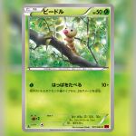  artist_name black_eyes branch character_name commentary_request day height no_humans official_art outdoors pokedex_number pokemon pokemon_(creature) pokemon_card pokemon_focus pokemon_tcg solo suwama_chiaki translation_request weedle weight 