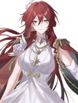  1girl absurdres breasts commentary dress earrings epaulettes hair_ornament highres himeko_(honkai:_star_rail) himeko_(nova)_(honkai:_star_rail) honkai:_star_rail honkai_(series) jewelry kano_kano_777 large_breasts long_hair looking_at_viewer orange_eyes red_hair simple_background smile solo star_(symbol) star_earrings very_long_hair white_background white_dress 