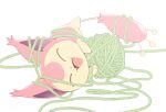  :3 :d ^_^ animal_focus cat closed_eyes commentary fangs full_body highres no_humans open_mouth pink_fur pokemon pokemon_(creature) pokemon_focus simple_background skitty smile solo tail white_background yana_(nekoarashi) yarn yarn_ball yellow_fur 