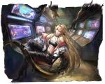  1girl arcade arcade_cabinet arcade_stick arrow_(symbol) artist_request bare_shoulders belt black-framed_eyewear black_belt black_boots black_bra black_claws black_collar black_hairband black_horns black_pants black_scales black_tail blonde_hair boots bra bra_over_clothes breasts camouflage camouflage_jacket chain chain_leash chair cleavage collar controller cross cross_earrings earrings game_controller gem grey_jacket grin hair_between_eyes hair_ornament hairband highres horn_piercing horns indoors jacket jewelry joystick leash long_hair monster multicolored_jacket multiple_thigh_straps navel o-ring o-ring_bra off-shoulder_jacket off_shoulder official_art orange_eyes paint_on_body pants path_to_nowhere plaid_clothes plaid_jacket playing_games purple_gem railing red-tinted_eyewear red_jacket safety_pin sharp_teeth silver_chain single_earring small_breasts smile spiked_bra spiked_collar spiked_hairband spikes stomach strapless studded_belt synex_(path_to_nowhere) tail_strap teeth thigh_strap tinted_eyewear tube_top two-tone_jacket underwear very_long_hair white_tube_top 