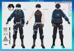  1boy abs ares_9979 black_boots black_hair black_jacket black_pants black_shirt blue_eyes blue_hoodie boots chain close-up commission dog_tags fingerless_gloves from_behind gloves gold_chain grid_background grin highres hood hoodie indie_virtual_youtuber jacket jae_(vtuber) jewelry large_pectorals male_focus manly multiple_views muscular muscular_male necklace open_clothes open_jacket pants pectoral_cleavage pectorals reference_sheet shirt short_hair simple_background sleeveless sleeveless_shirt smile solo turnaround virtual_youtuber 