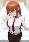  1girl absurdres alternate_costume belt black_shorts blue_eyes blurry blurry_background blush breast_pocket breasts brown_hair commentary_request dress_shirt embarrassed hair_between_eyes highres indoors lomg_hair long_hair looking_at_viewer makise_kurisu necktie no_jacket on_bed open_mouth pantyhose pocket purple_trim red_necktie science_adventure shirt shirt_tucked_in shorts sitting small_breasts solo steins;gate thirty_30ty tongue white_belt 