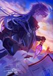  1boy 1other black_capelet black_coat black_gloves blue_hair book capelet cloud cloudy_sky coat commentary flins_(genshin_impact) floating_hair genshin_impact gloves highres holding holding_book holding_lantern lantern long_hair long_sleeves looking_at_another male_focus open_book outdoors parted_bangs pov pov_hands shiromiya_shino signature sky very_long_hair 
