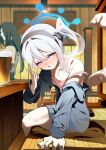  1boy 1girl 1other alcohol alternate_costume beer beer_mug black_hair black_hairband blue_archive blue_cardigan blue_halo blush camisole cardigan collarbone commentary_request cup from_side hairband half-closed_eyes halo hand_up highres indoors izakaya long_hair looking_at_viewer miyako_(blue_archive) mug naruto_(series) oekaki_turtle open_mouth orochimaru_(naruto) pink_camisole pov pov_hands purple_eyes side_ponytail single_bare_shoulder sitting strap_slip white_hair yellow_eyes 