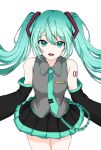  1girl aqua_eyes aqua_hair aqua_nails aqua_necktie bare_shoulders black_skirt black_sleeves blush_stickers collared_shirt commentary cowboy_shot detached_sleeves dot_nose double-parted_bangs floating_clothes floating_hair frilled_shirt frills grey_shirt hair_between_eyes hair_ornament hatsune_miku long_hair looking_at_viewer lower_teeth_only miniskirt mixbadthing necktie number_tattoo open_mouth pleated_skirt shirt skirt sleeveless sleeveless_shirt solo standing tattoo teeth thighhighs tie_clip twintails vocaloid 