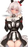  1girl :p :q absurdres animal_ears bare_shoulders blush bow breasts commentary covered_collarbone cowboy_shot curren_chan_(fille_eclair)_(umamusume) curren_chan_(umamusume) cutout_eyelashes dress ear_bow ear_covers english_commentary gloves grey_hair grey_tail hair_between_eyes hair_bow hands_on_own_chest hands_up head_tilt highres horse_ears horse_girl horse_tail large_breasts long_sleeves looking_at_viewer medium_breasts off_shoulder purple_eyes red_bow sitting smile solo straight-on tail thigh_gap thighs tongue tongue_out umamusume white_gloves xkittyzx 